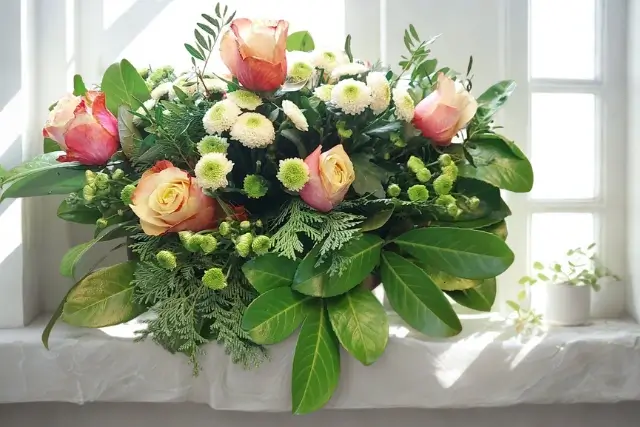 Blumenstrauß mit Rosen in Rosa und Creme, weißen Blüten und frischem Grün