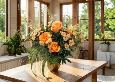 Oranges Blumengesteck mit Rosen, Nelken und lockerem grünem Beiwerk