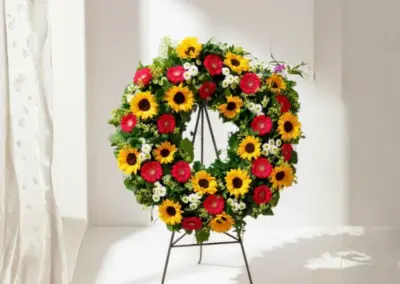 Trauerkranz mit Sonnenblumen, roten Gerbera und weißen Blüten